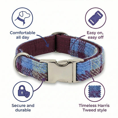Burgundy & Blue Check Luxury Harris Tweed Dog Collar