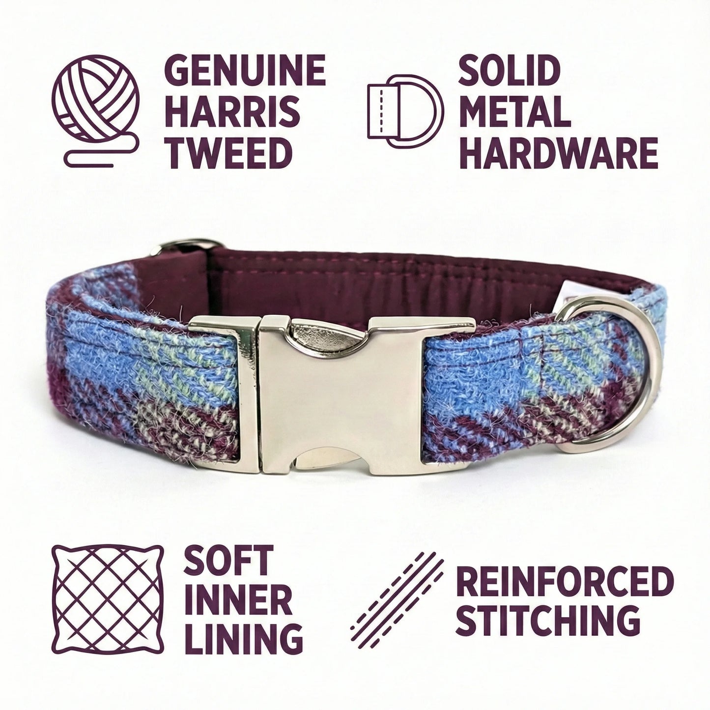 Burgundy & Blue Check Luxury Harris Tweed Dog Collar