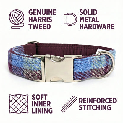 Burgundy & Blue Check Luxury Harris Tweed Dog Collar