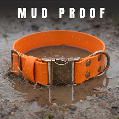 burnt orange waterproof dog collar, mud proof and standing in wet mud
