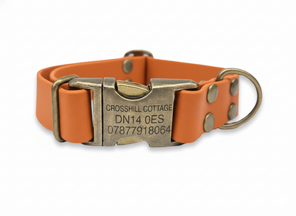 Orangebiothane dog collar with a metal buckle on a white background