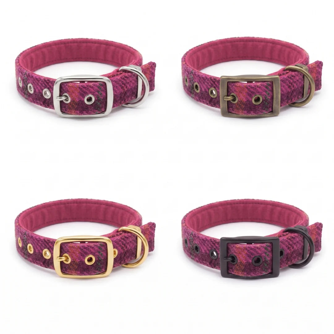 Four dog collars with a textured pink and purple patterned strap, shown in a 2x2 grid. The collars feature different buckle colors: silver, antique bronze, gold, and black, with matching metal D-rings.