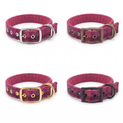Four dog collars with a textured pink and purple patterned strap, shown in a 2x2 grid. The collars feature different buckle colors: silver, antique bronze, gold, and black, with matching metal D-rings.
