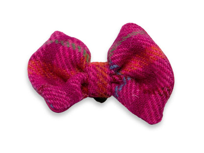 Cerise check Harris Tweed dog bow tie – handmade in bright pink tones, slides onto any collar