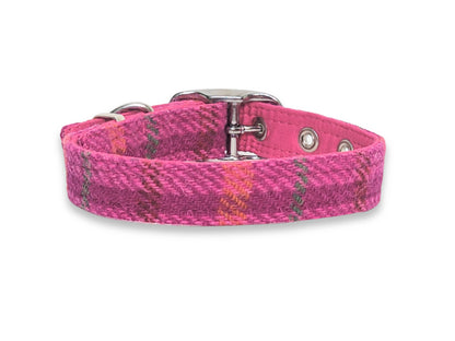 cerise check harris tweed collar back view white background