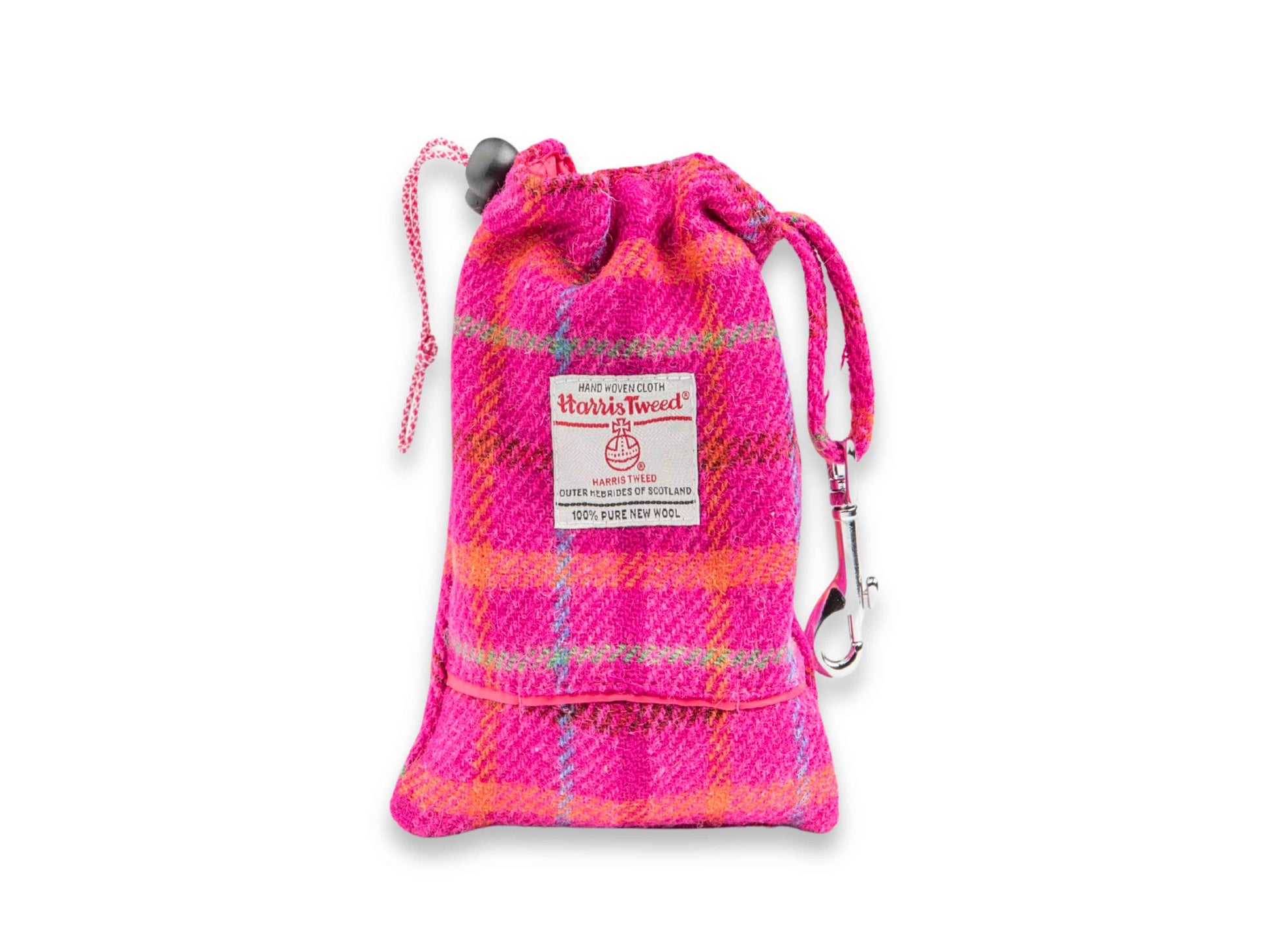 Cerise check Harris Tweed dog treat bag with built-in poop bag dispenser
