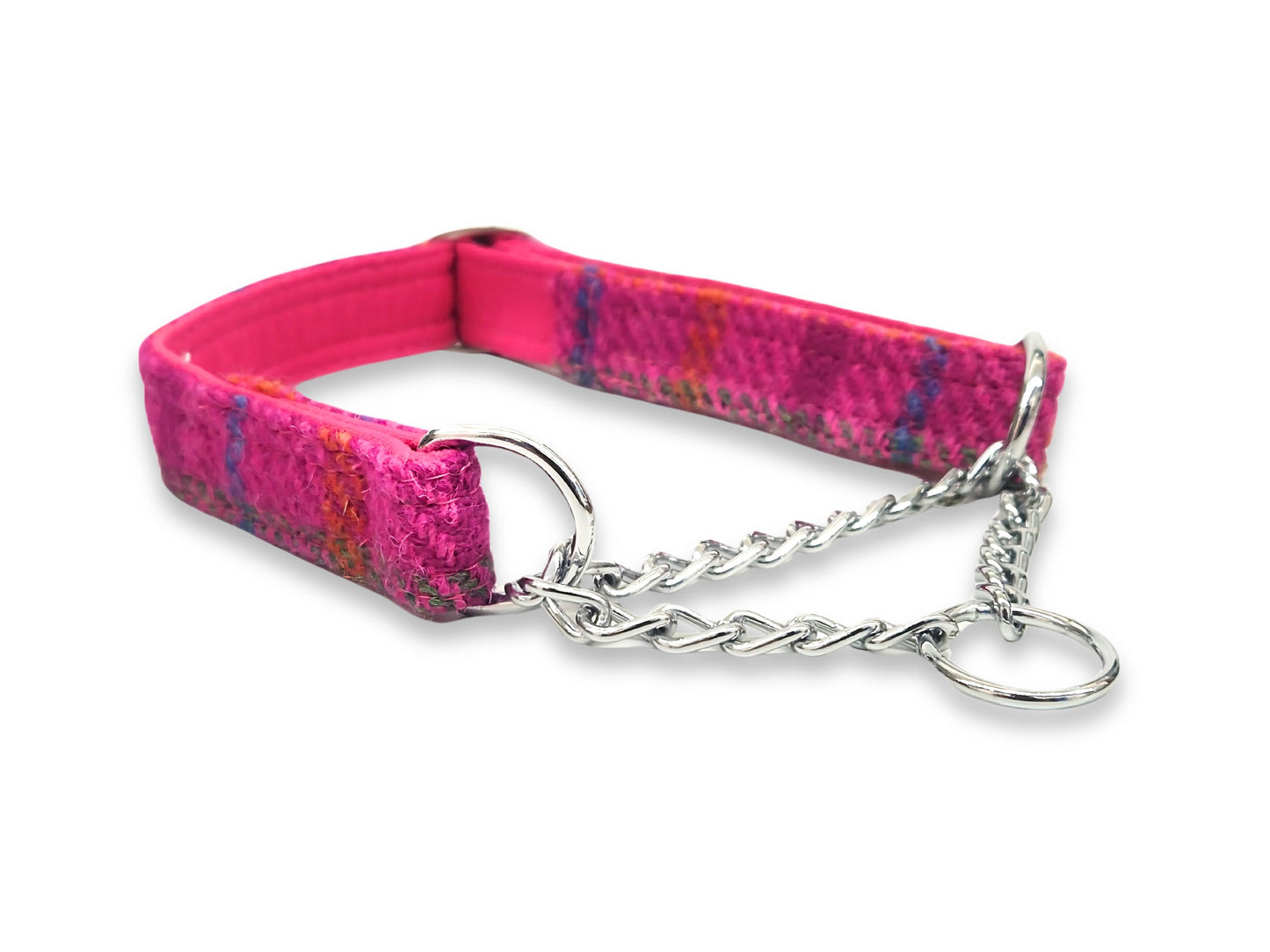 Cerise check martingale dog collar handmade in the UK with gentle half choke design and stylish pink tweed pattern