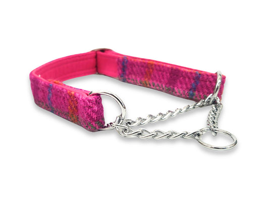 Cerise check martingale dog collar handmade in the UK with gentle half choke design and stylish pink tweed pattern