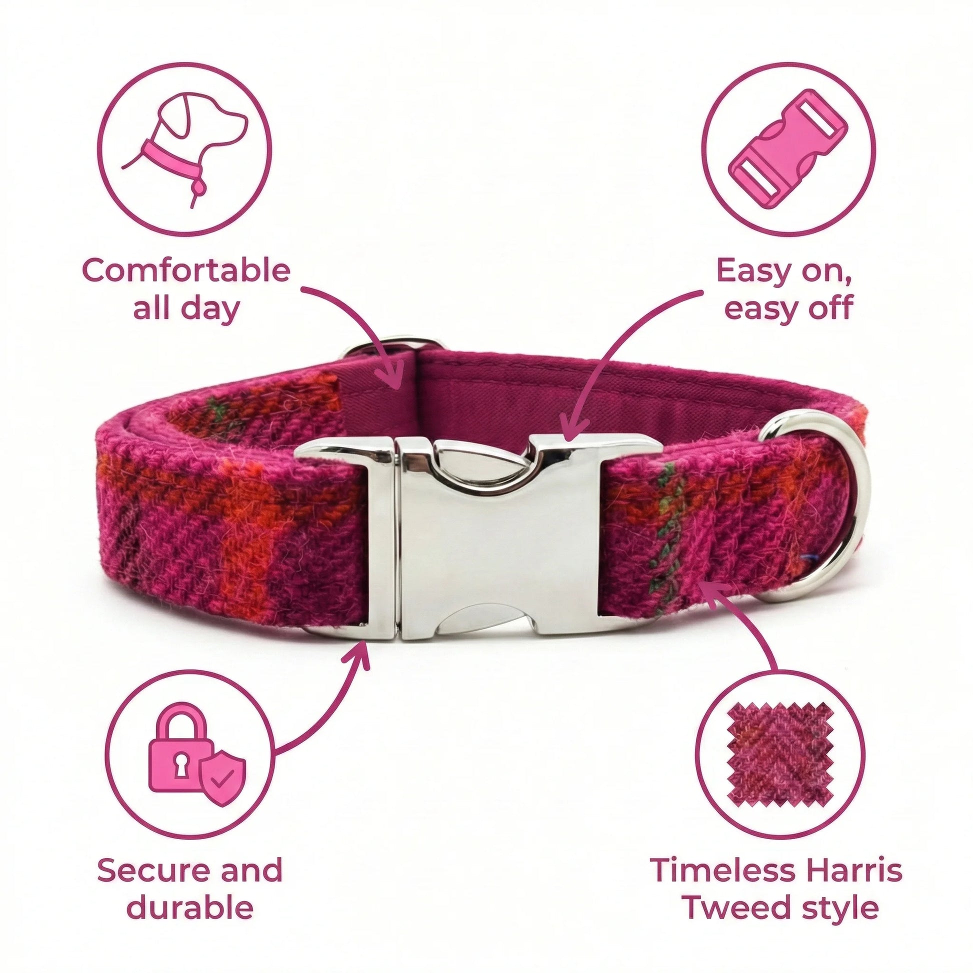 Cerise Check Harris Tweed Dog Collar - Collared Creatures LTD