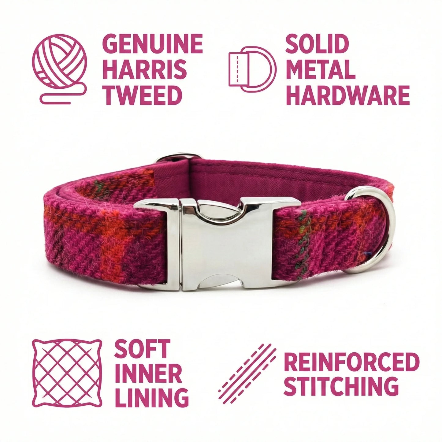 Cerise Check Harris Tweed Dog Collar - Collared Creatures LTD