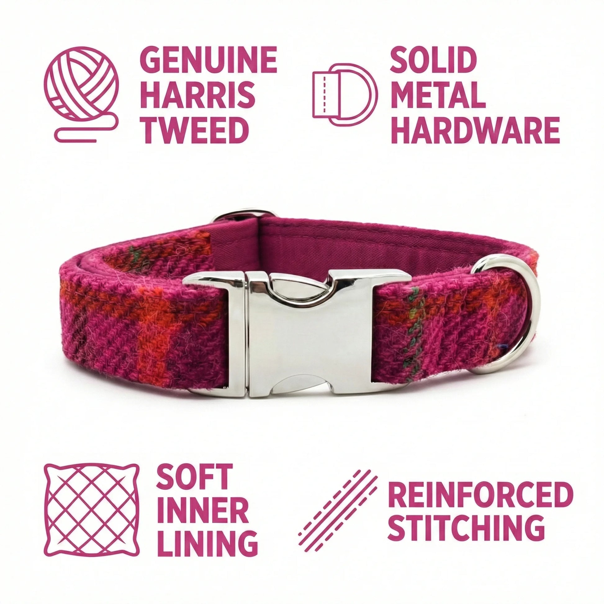 Cerise Check Harris Tweed Dog Collar - Collared Creatures LTD