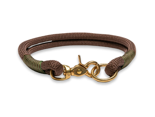 Chocolate-brown handmade rope dog collar, 8 or 10 mm PPM cord, optional brass hardware, custom whipping, Yorkshire handmade
