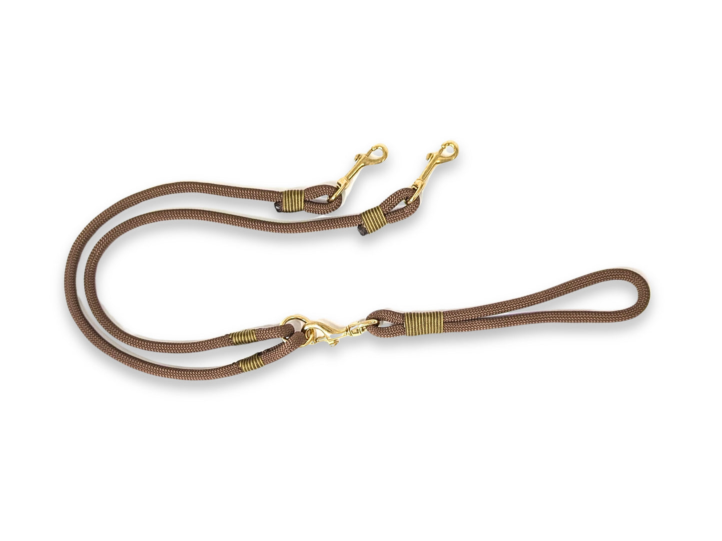 Handmade chocolate brown rope double dog lead with durable split design and custom hardware