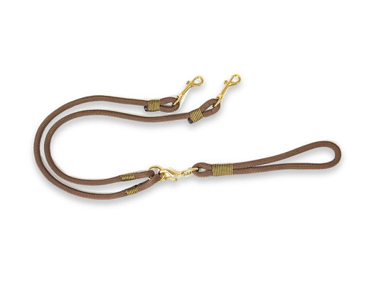Handmade chocolate brown rope double dog lead with durable split design and custom hardware