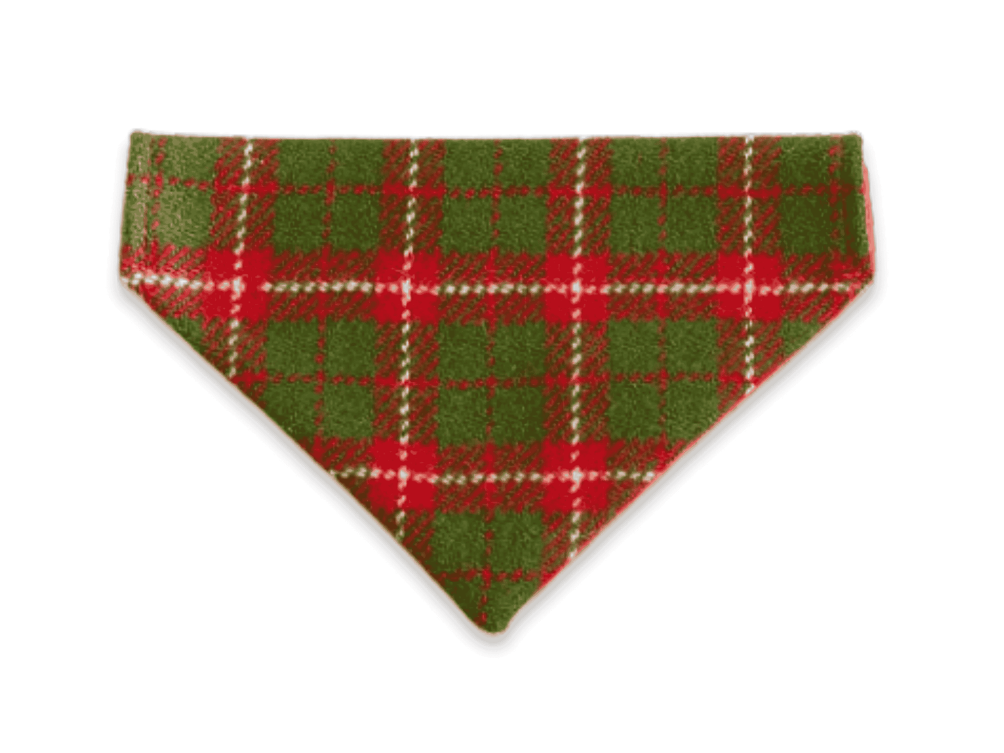 Red and green plaid dog bandana on a white background