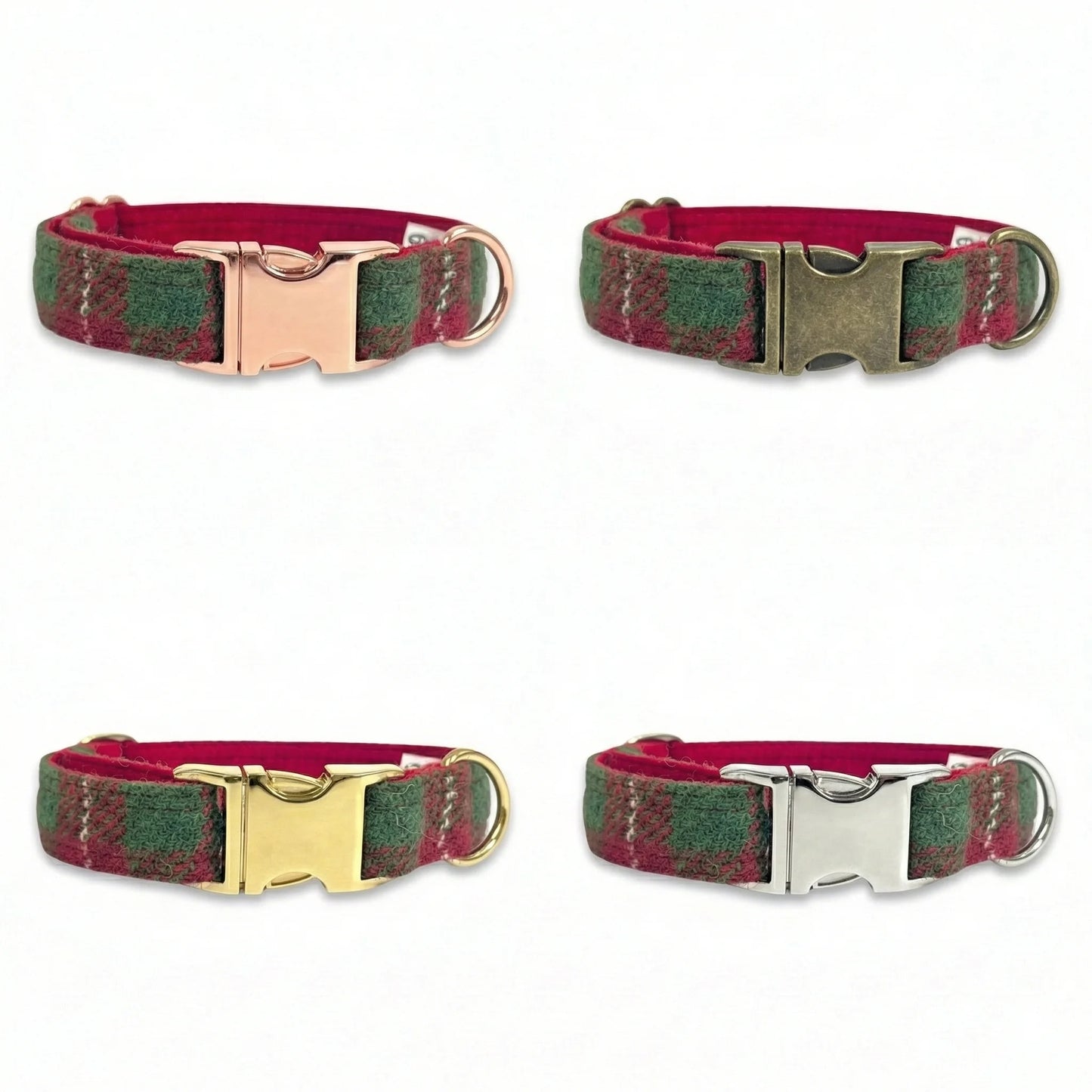 Four plaid dog collars with different metal buckles on a white background