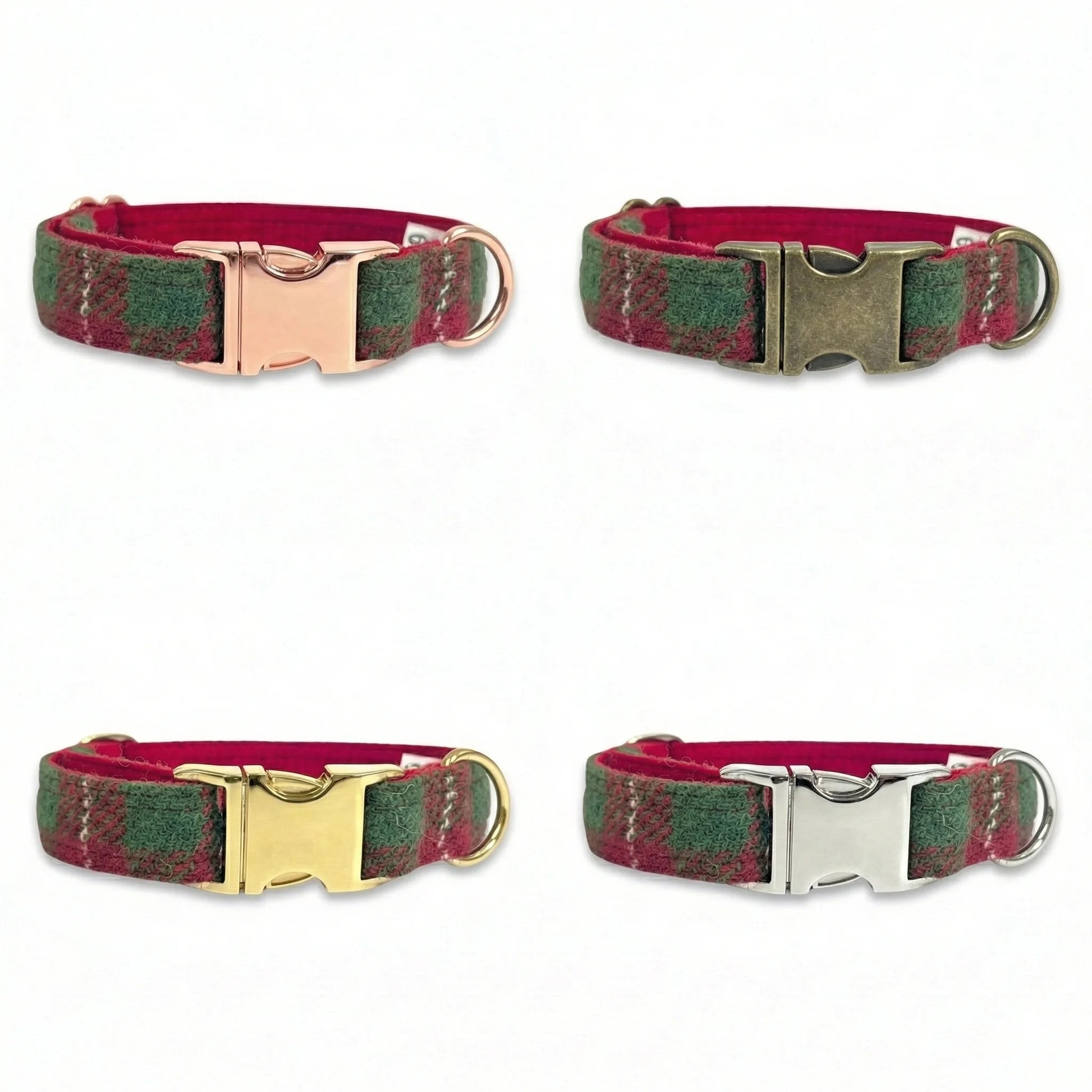 Four plaid dog collars with different metal buckles on a white background