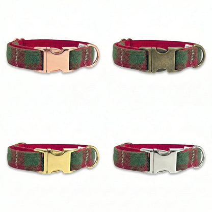 Four plaid dog collars with different metal buckles on a white background
