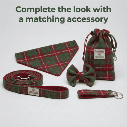Set of red and green plaid pet accessories including a collar, leash, bow tie, and pouch on a white background.