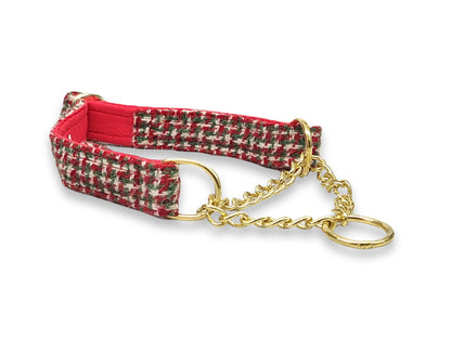 Festive houndstooth tweed martingale dog collar with half choke design, handmade for comfort, control, and stylish holiday walks