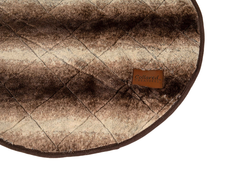 close up of collared creatures faux fur dog mat - bed blanket on white background