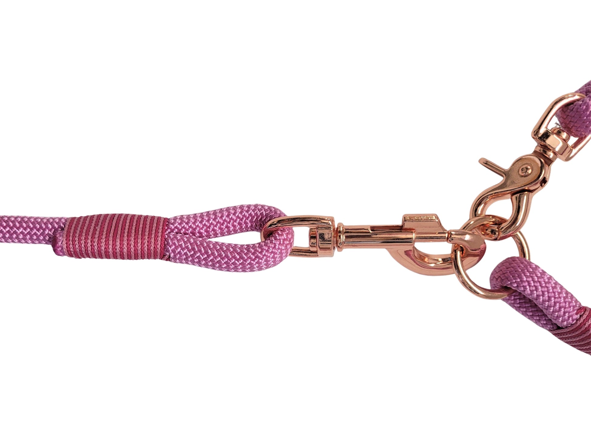 Close-up of a pink dog leash with rose gold clasp on a white background