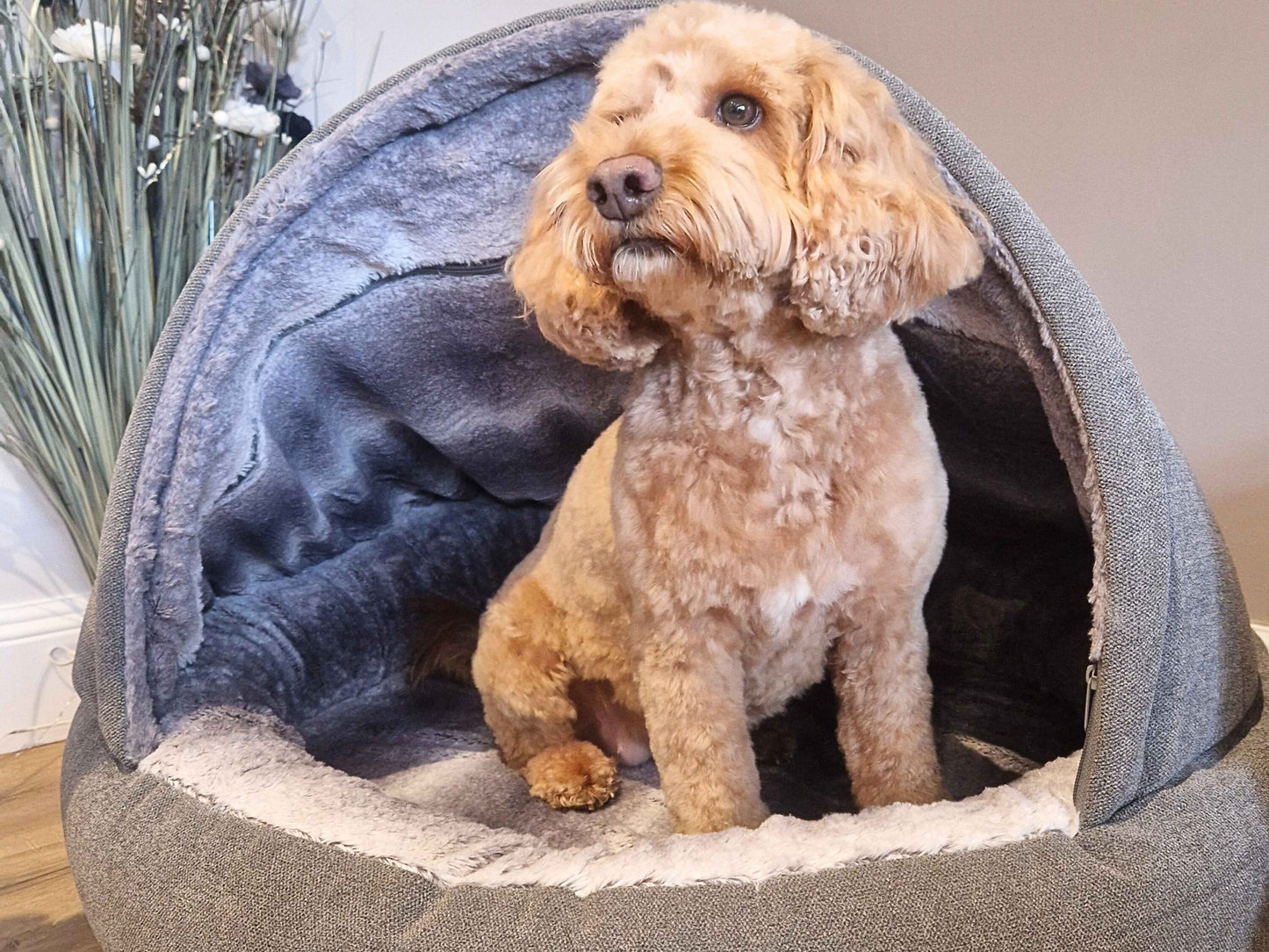 Grey Deluxe Comfort Cocoon Dog Bed with New Grey Faux Fur Interior