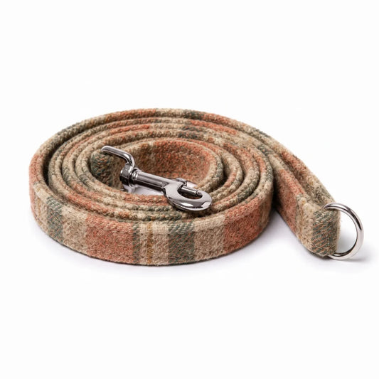 A coiled woven dog leash in a muted plaid pattern of terracotta, beige, and olive green, featuring a silver metal snap hook and a silver D-ring, set against a plain white background.