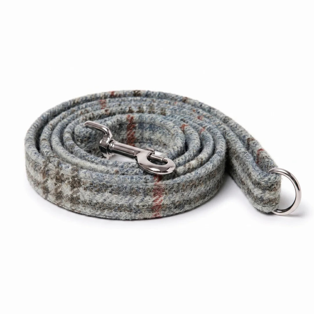blue and grey abraham moon wood tweed dog lead with snap hook on white background