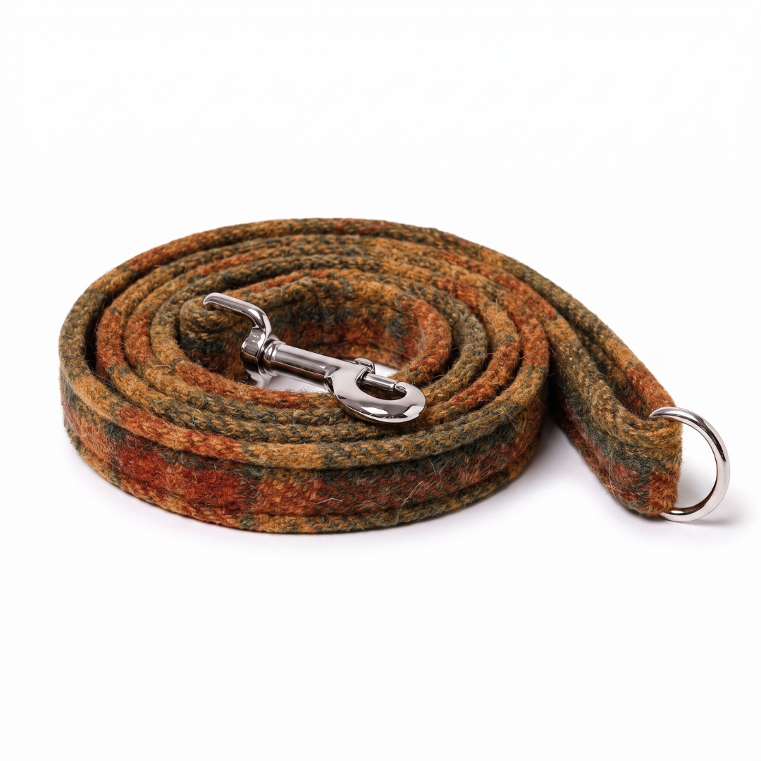 A coiled dog leash made of a textured, heathered wool-like fabric in a warm multicolor pattern of orange, brown, and green, featuring a silver metal snap hook and a silver metal ring at the end, set against a plain white background.