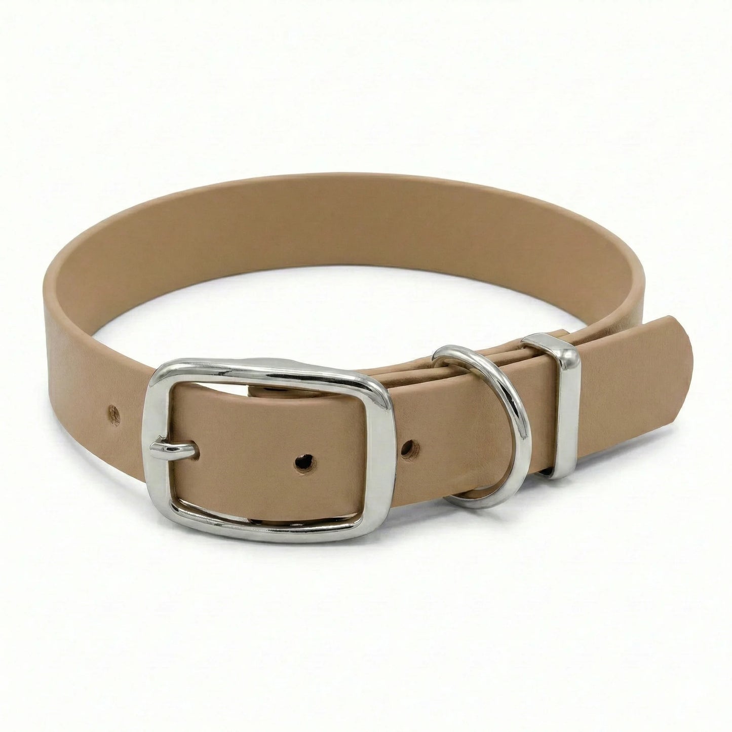 waterproof dog collar with metal buckle in beige on white background