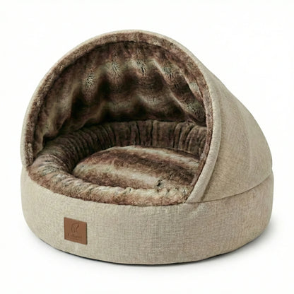 covered Pet bed with brown interior and beige exterior on a white background