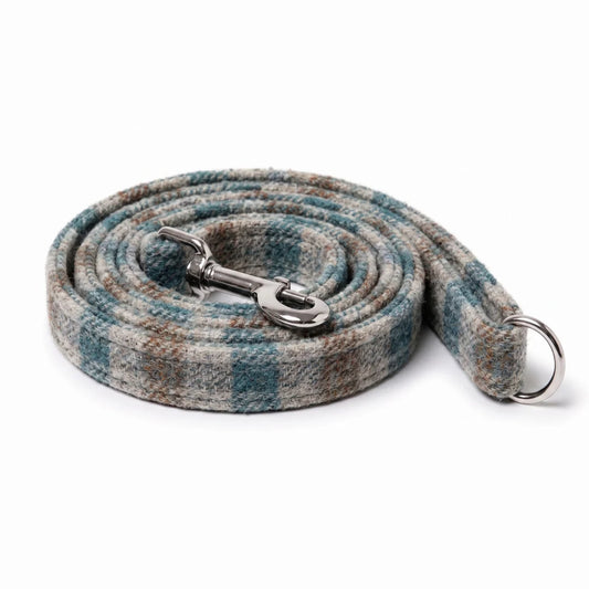 A coiled woven fabric dog leash with a blue, beige, and brown plaid pattern and silver metal hardware, shown on a white background.