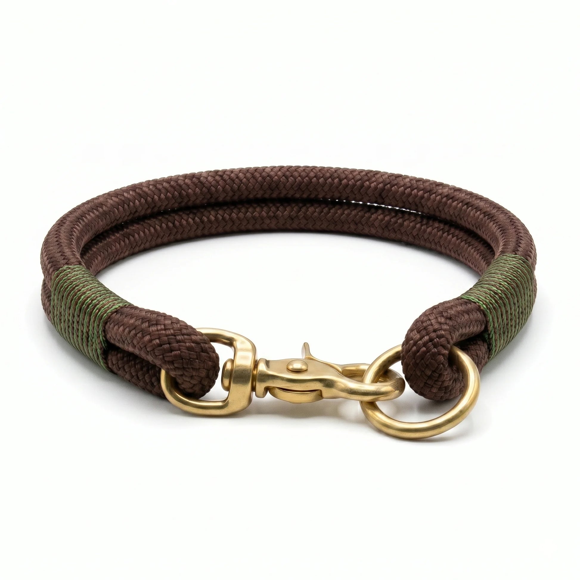 Brown and green braided dog rope collar with gold clasp on a white background