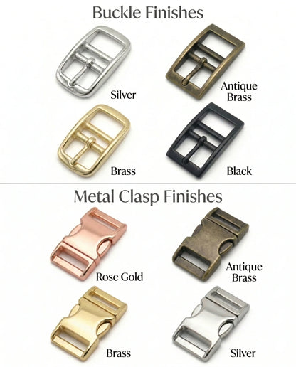 Collared Creatures dog collar hardware options showing buckle finishes in silver antique brass brass and black alongside Alumax metal clasp finishes in rose gold antique brass brass and silver