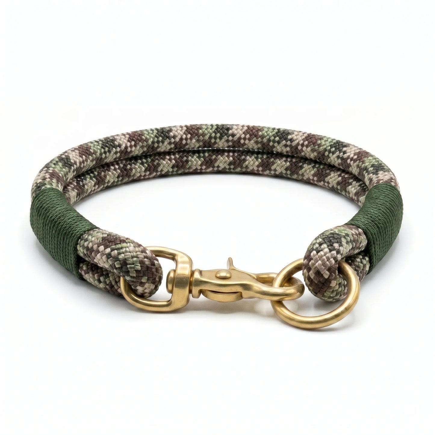 Camouflage-patterned dog rope collar with gold clasp on a white background