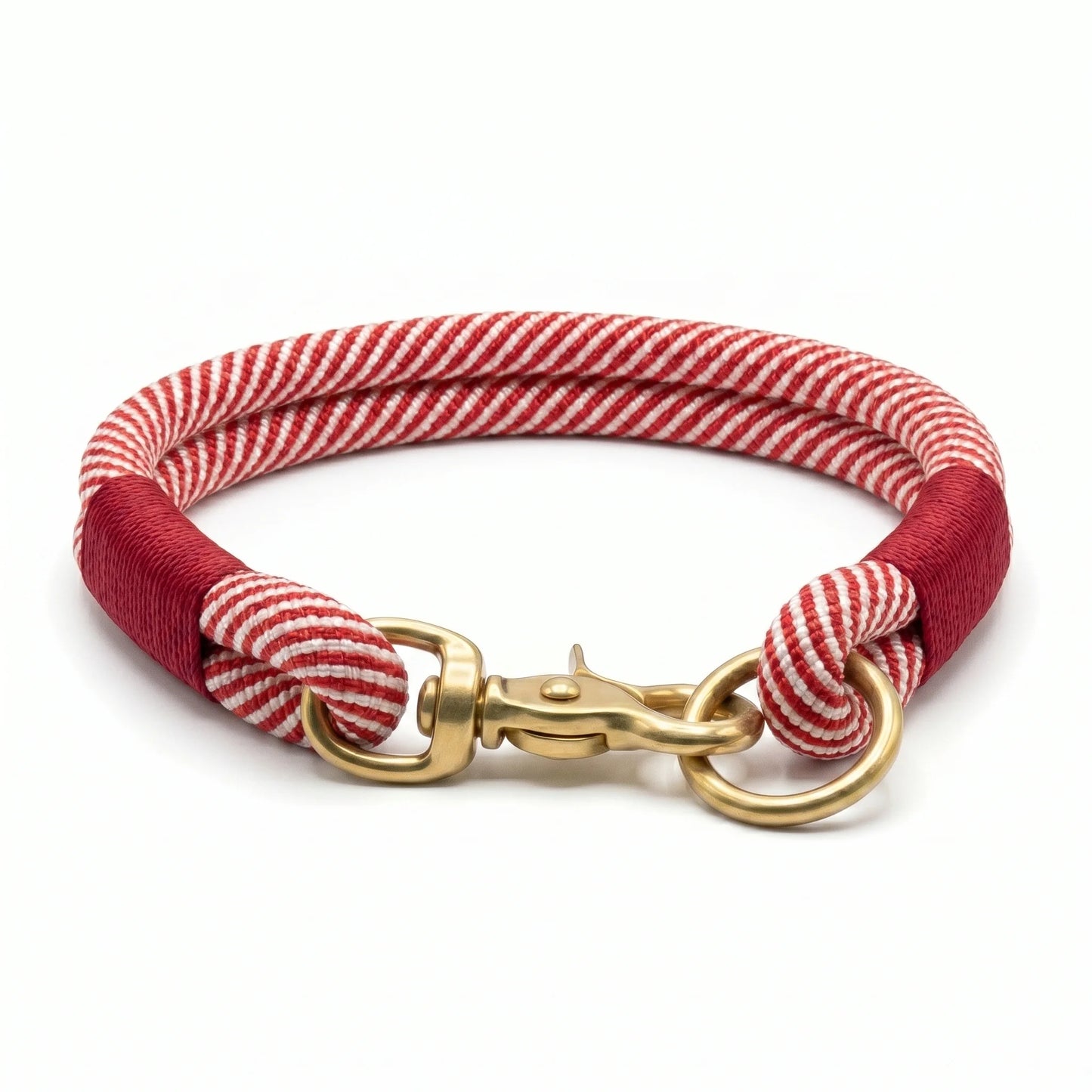 Red and white striped dog collar with gold clasp on a white background - collared creatures