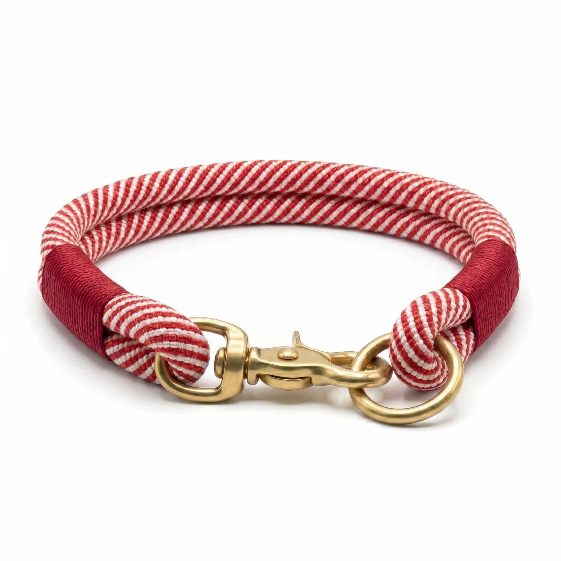 Red and white striped dog collar with gold clasp on a white background - collared creatures