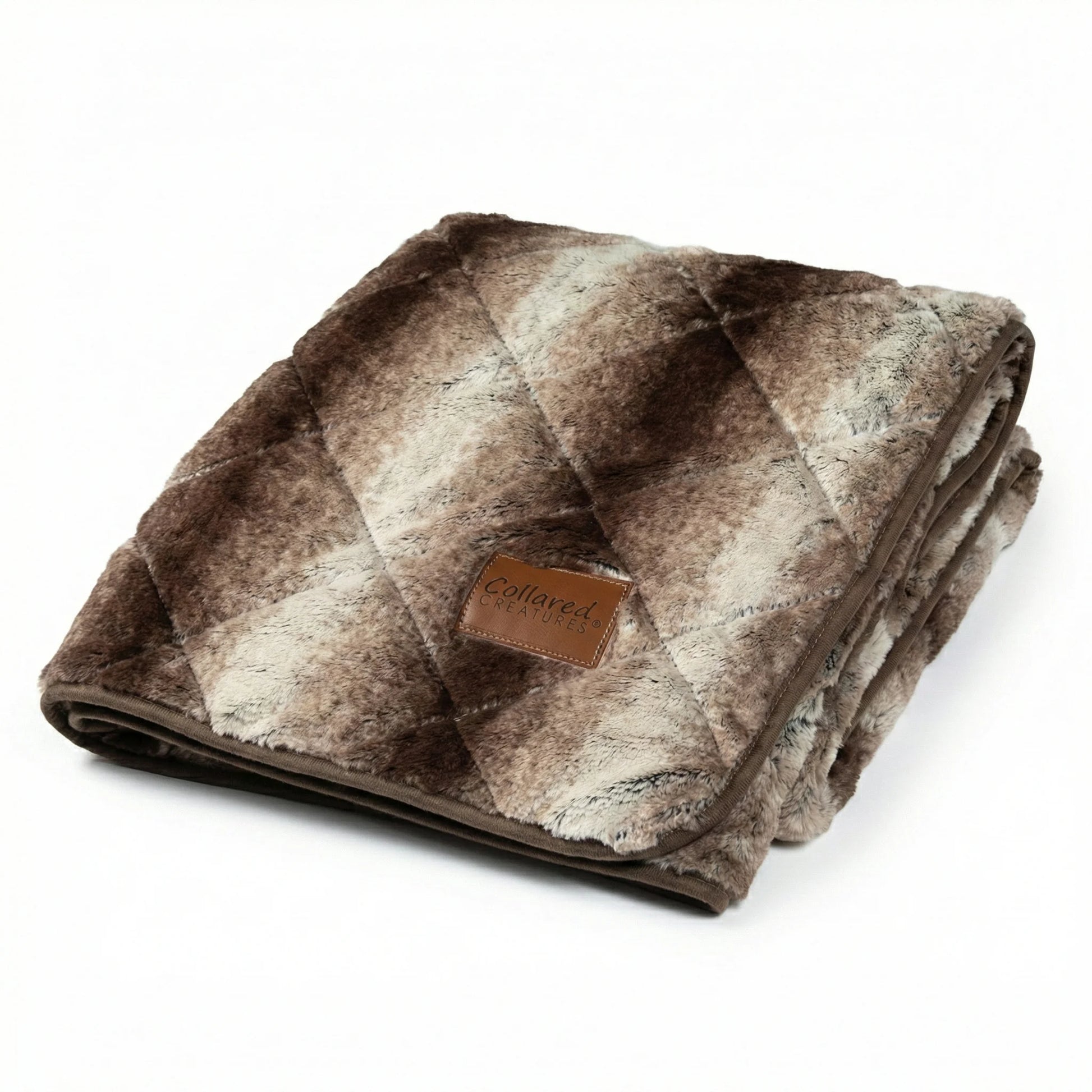 collared creatures brown and white striped faux fur dog blanket / sofa throw on white background