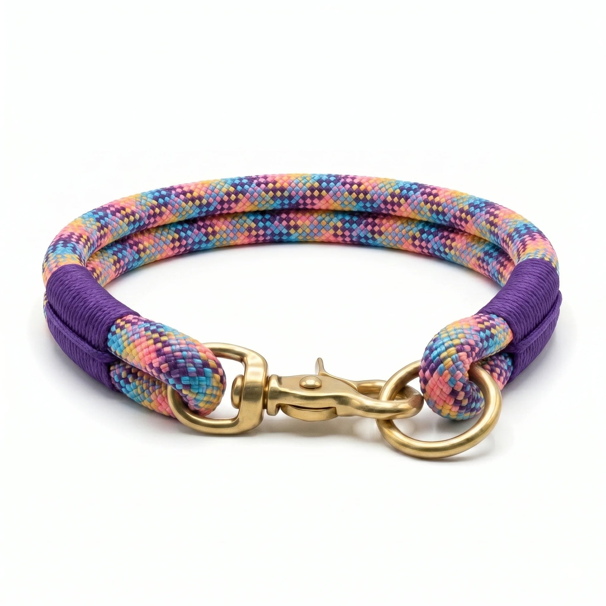 Colorful whipped dog rope collar with a gold clasp on a white background