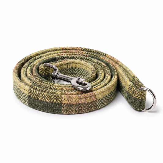 green block herringbone harris tweed dog clip lead on white background