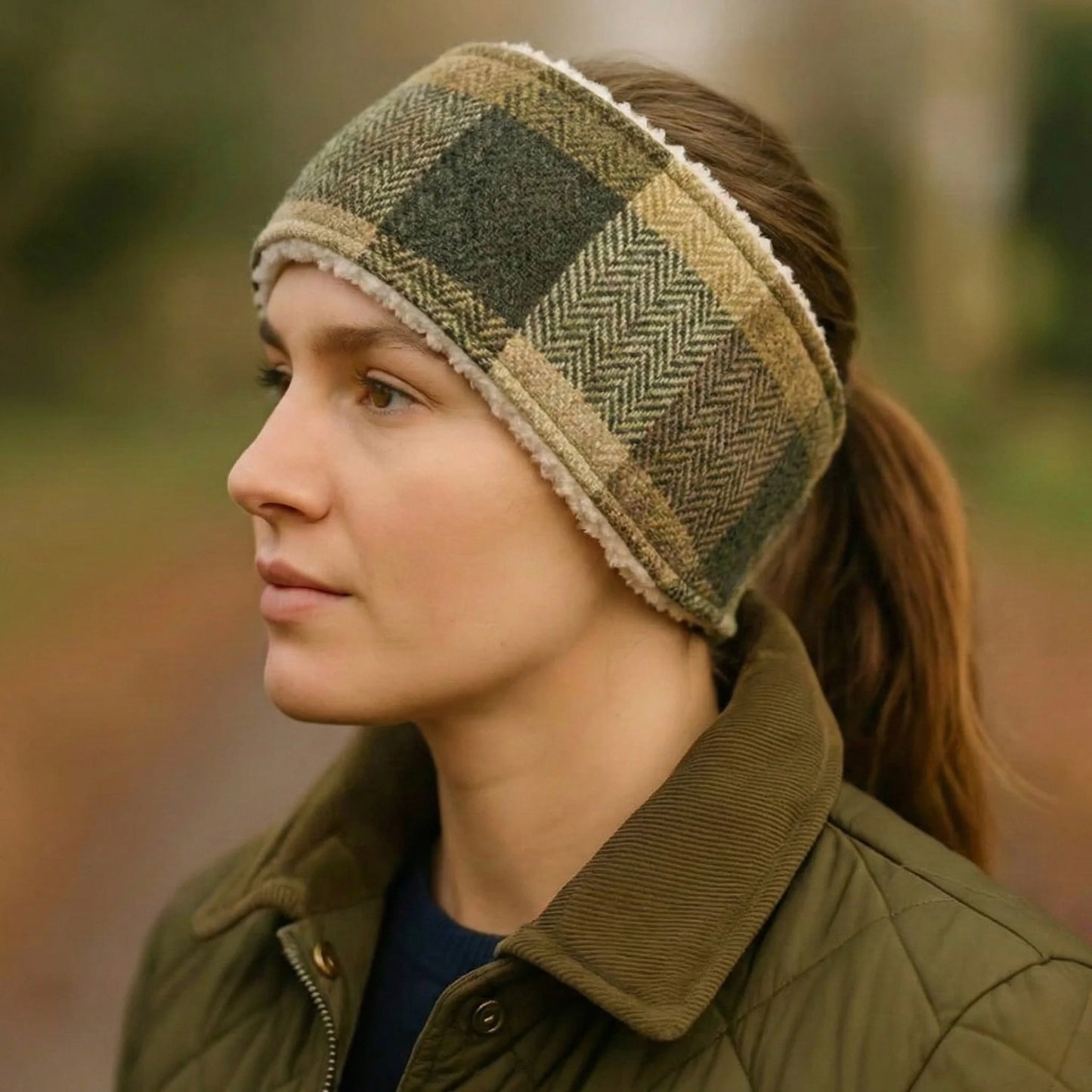 Person wearing a checkered headband and green jacket outdoors