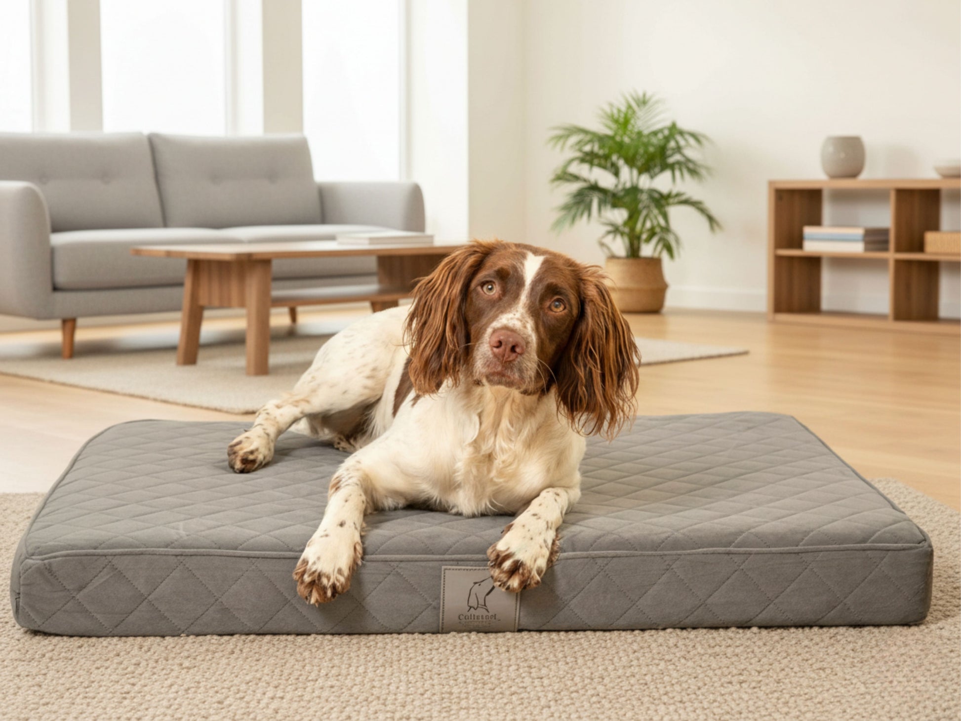 Brown and white spaniel lying on a grey quilted orthopaedic dog mattress bed in a modern living room