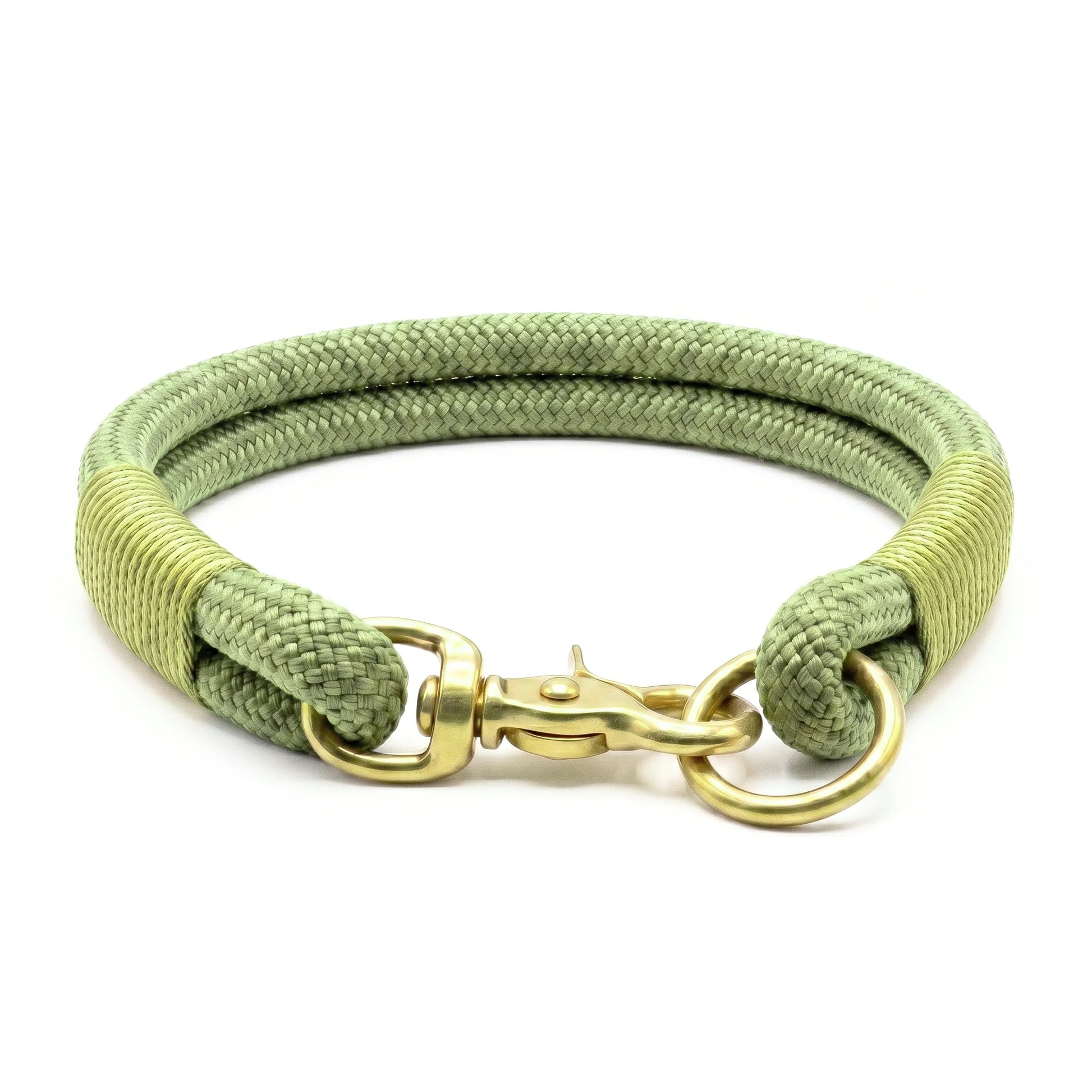 Green whipped rope collar with gold clasp on a white background