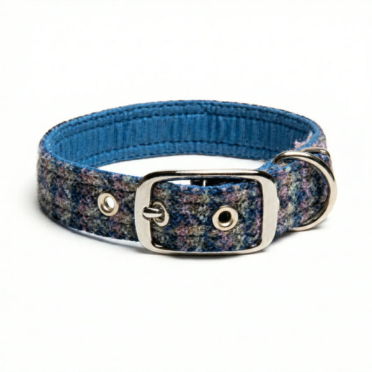 Lilac & Blue Small Check Luxury Harris Tweed Dog Collar by Collared Creatures