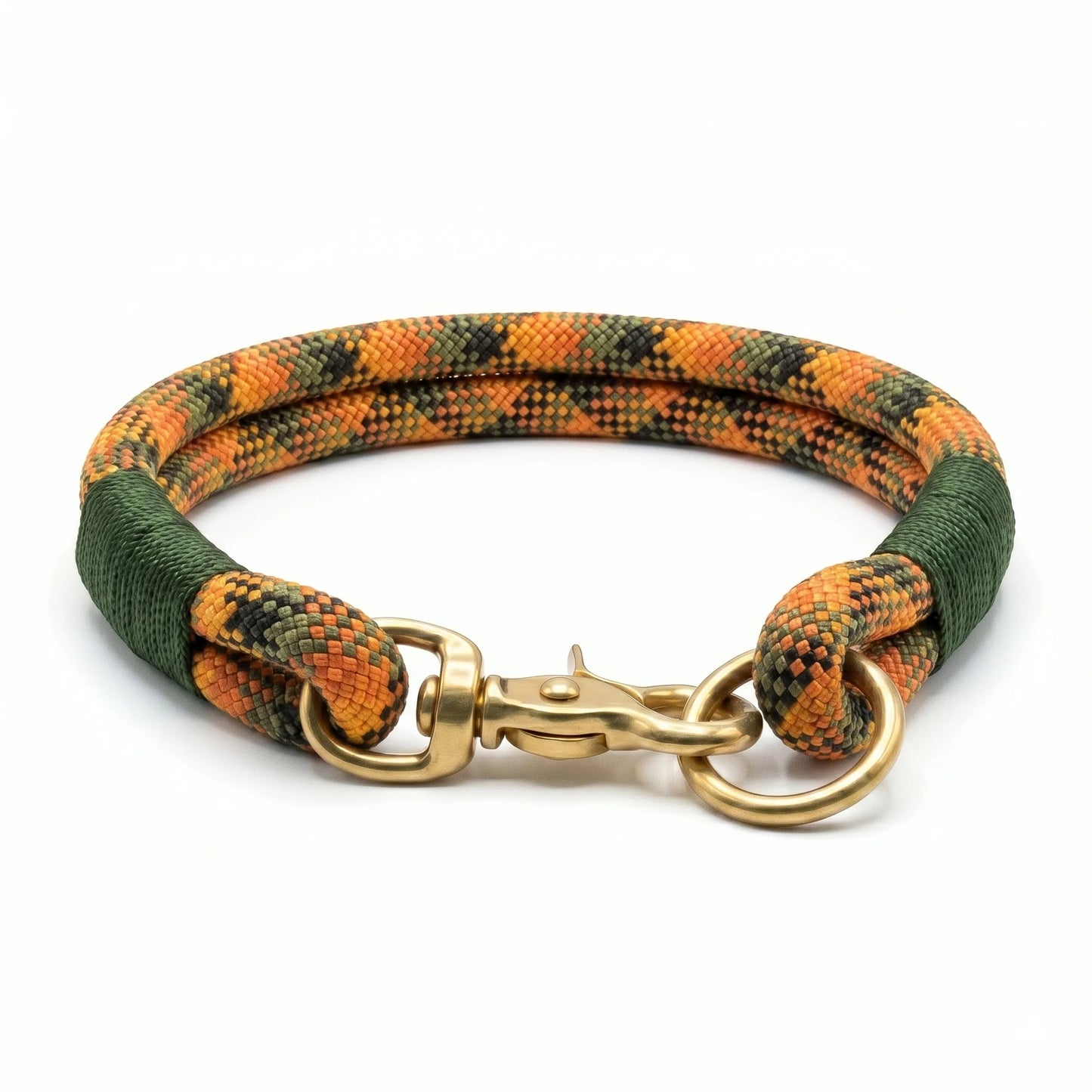 Dog rope collar with green and orange pattern and gold clasp on a white background