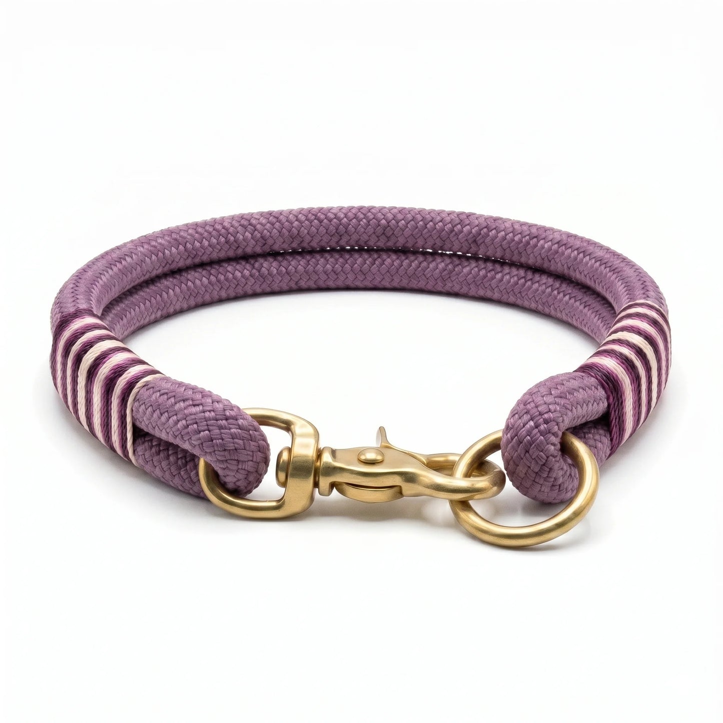 Purple rope collar with  whipping and gold clasp on a white background
