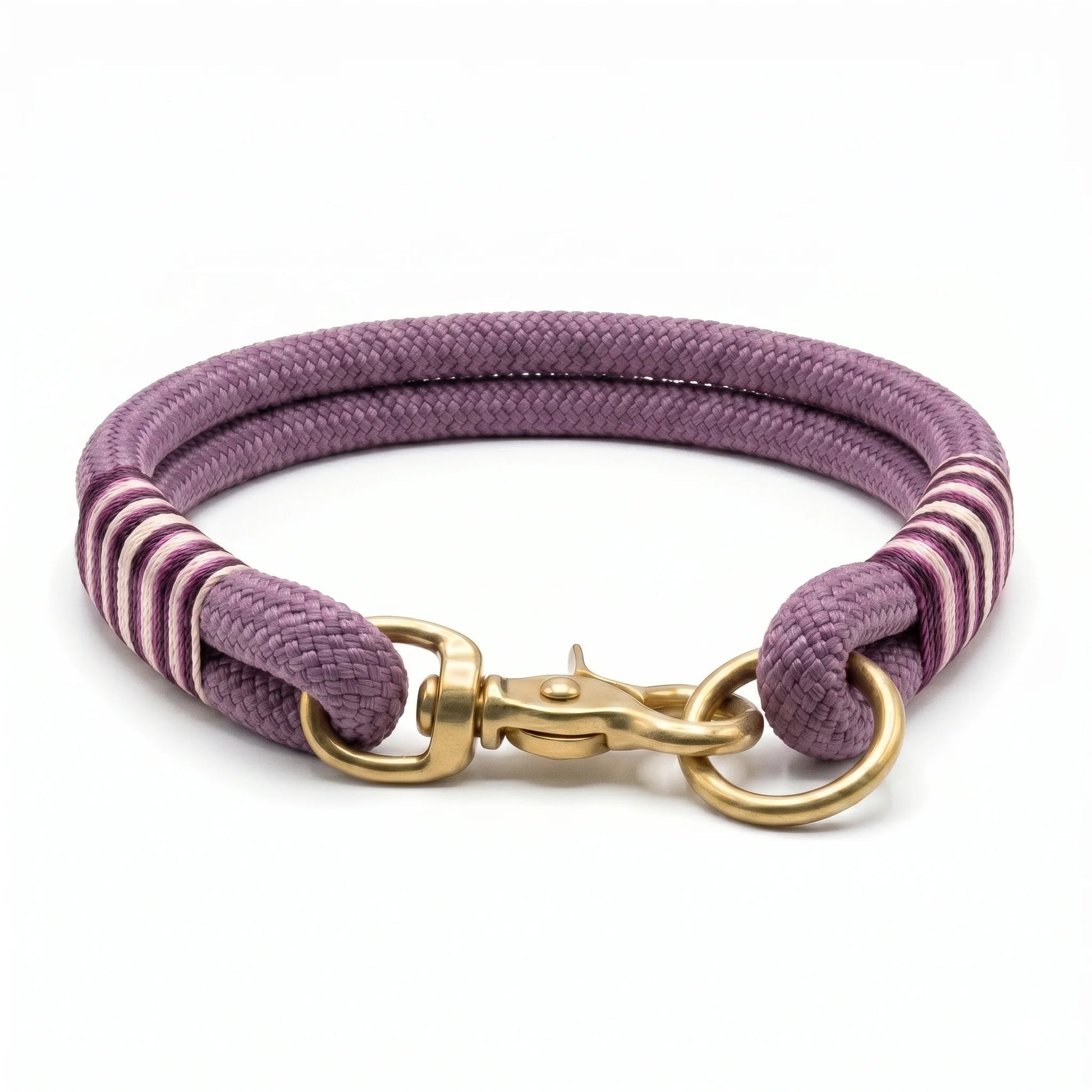 Purple rope collar with  whipping and gold clasp on a white background