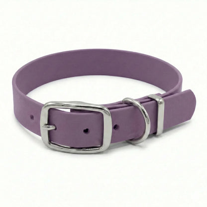 mauve biothane dog collar with metal buckle on white background