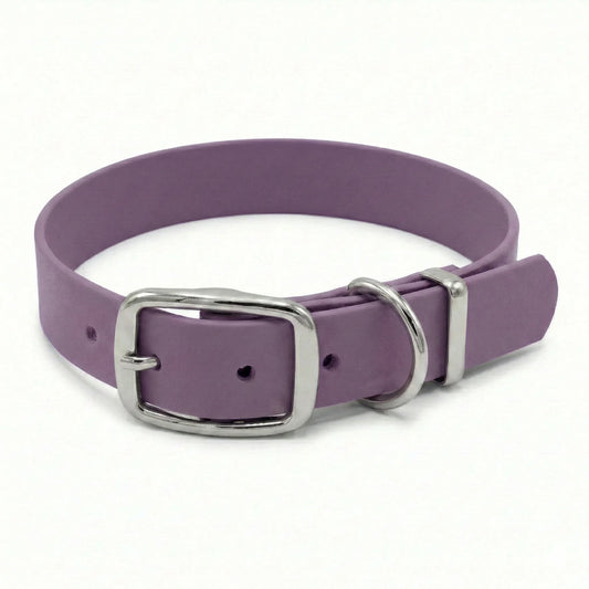 mauve biothane dog collar with metal buckle on white background